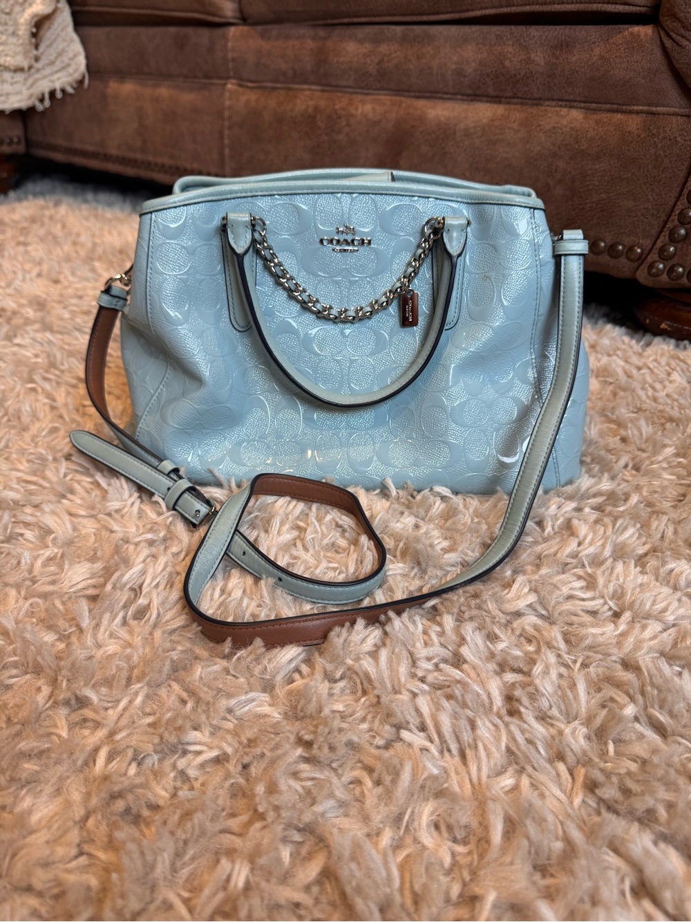 Coach Light Blue Patent Leather Satchel with dark gray suede interior Chain Trim
